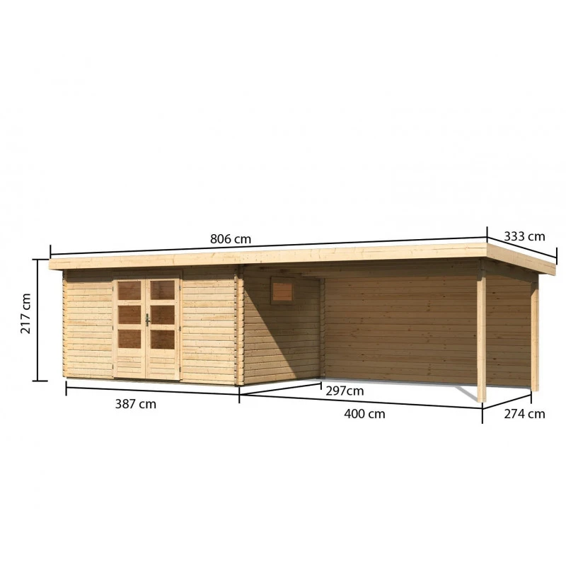 Abri De Jardin 11,49m² En Bois Massif 40mm Trittau 5 Avec Appentis 440cm Et Paroi Arrière – Karibu 4 Abri De Jardin 11,49m² En Bois Massif 40mm Trittau 5 Avec Appentis 440cm Et Paroi Arrière – Karibu – Image 2