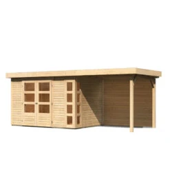 Abri De Jardin En Bois Massif 6,55m² Kerko 4 Avec Appentis 240cm Et Paroi Arrière – Karibu -Jardin Extérieur abri de jardin en bois massif 655m kerko 4 avec appentis 240cm et paroi arriere woodfeeling 2