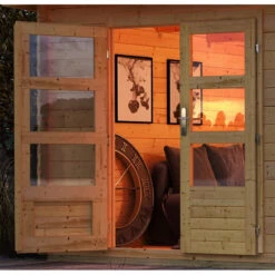 Abri De Jardin En Bois Massif 7,04m² Bastrup 4 Avec Appentis 200cm Et Paroi Arrière – Karibu -Jardin Extérieur abri de jardin en bois massif 704m bastrup 4 avec appentis 200cm et paroi arriere woodfeeling 4