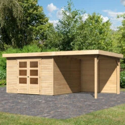 Abri De Jardin En Bois Massif 9,24m² Askola 6 Avec Appentis 240cm Et Paroi Arrière – Karibu