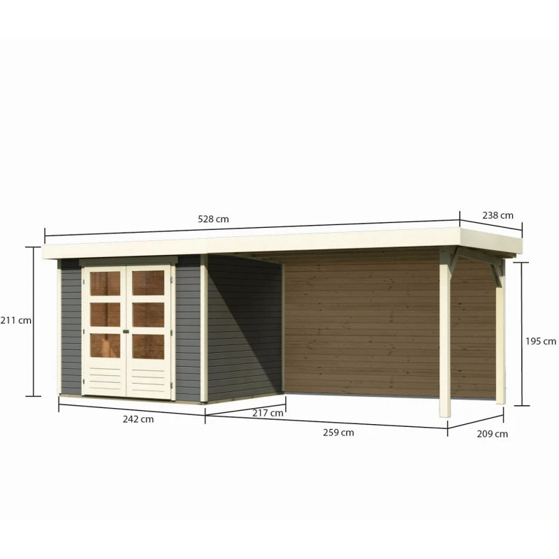 Abri De Jardin En Bois Massif Gris Terre 5,25m² Askola 3 Avec Appentis 280cm Et Paroi Arrière – Karibu 4 Abri De Jardin En Bois Massif Gris Terre 5,25m² Askola 3 Avec Appentis 280cm Et Paroi Arrière – Karibu – Image 2