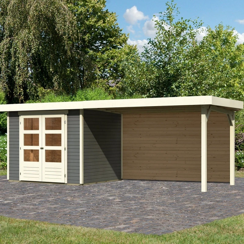 Abri De Jardin En Bois Massif Gris Terre 5,25m² Askola 3 Avec Appentis 280cm Et Paroi Arrière – Karibu 3 Abri De Jardin En Bois Massif Gris Terre 5,25m² Askola 3 Avec Appentis 280cm Et Paroi Arrière – Karibu