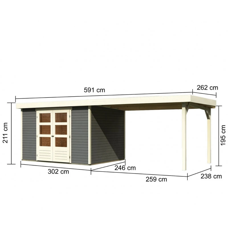 Abri De Jardin En Bois Massif Gris Terre 7,43m² Askola 5 Avec Appentis 280cm – Karibu 4 Abri De Jardin En Bois Massif Gris Terre 7,43m² Askola 5 Avec Appentis 280cm – Karibu – Image 2
