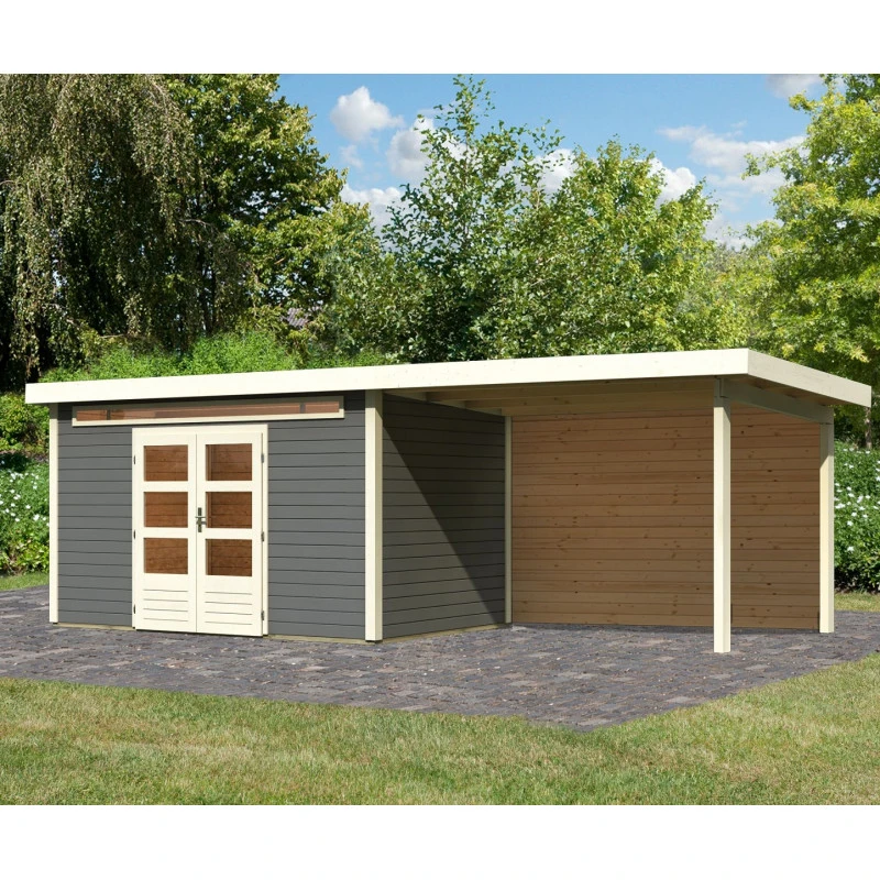 Abri De Jardin En Bois Massif Gris Terre 8,88m² Kandern 7 Avec Appentis 320cm Et Paroi Arrière – Karibu 3 Abri De Jardin En Bois Massif Gris Terre 8,88m² Kandern 7 Avec Appentis 320cm Et Paroi Arrière – Karibu