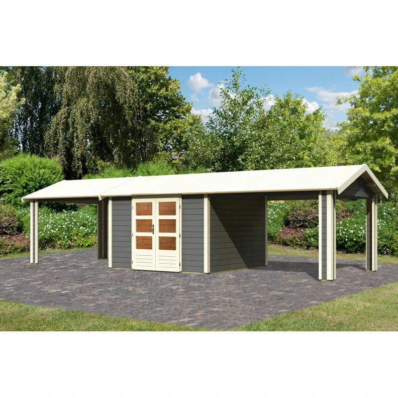 Abri De Jardin En Bois Massif Gris Terre 9,24m² Theres 7 Avec Deux Auvents – Karibu 4 Abri De Jardin En Bois Massif Gris Terre 9,24m² Theres 7 Avec Deux Auvents – Karibu – Image 2
