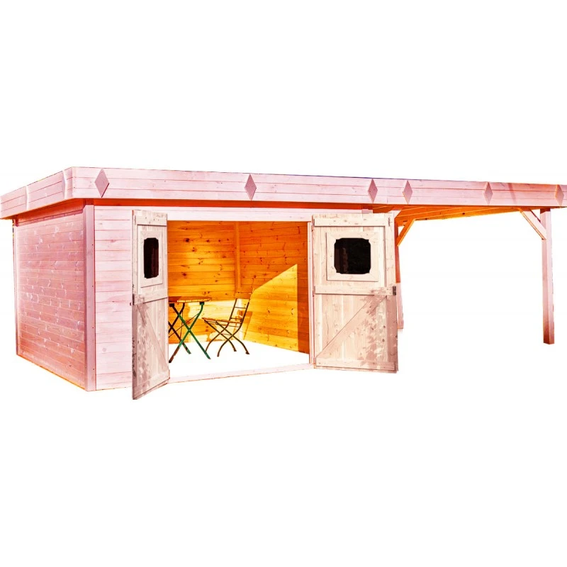 Abri Toit Plat DINAN 29,04m² En Madriers Douglas 28mm Avec Terrasse + Couverture Bac Acier - HABRITA 3 Abri Toit Plat DINAN 29,04m² En Madriers Douglas 28mm Avec Terrasse + Couverture Bac Acier - HABRITA