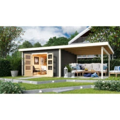 Abri Toit Plat 13,60m² Bois Massif Gris Terre 40mm Northeim 5 Avec Appentis 330cm – Karibu -Jardin Extérieur abri toit plat 1360m bois massif gris terre 40mm northeim 5 avec appentis 330cm woodfeeling 3