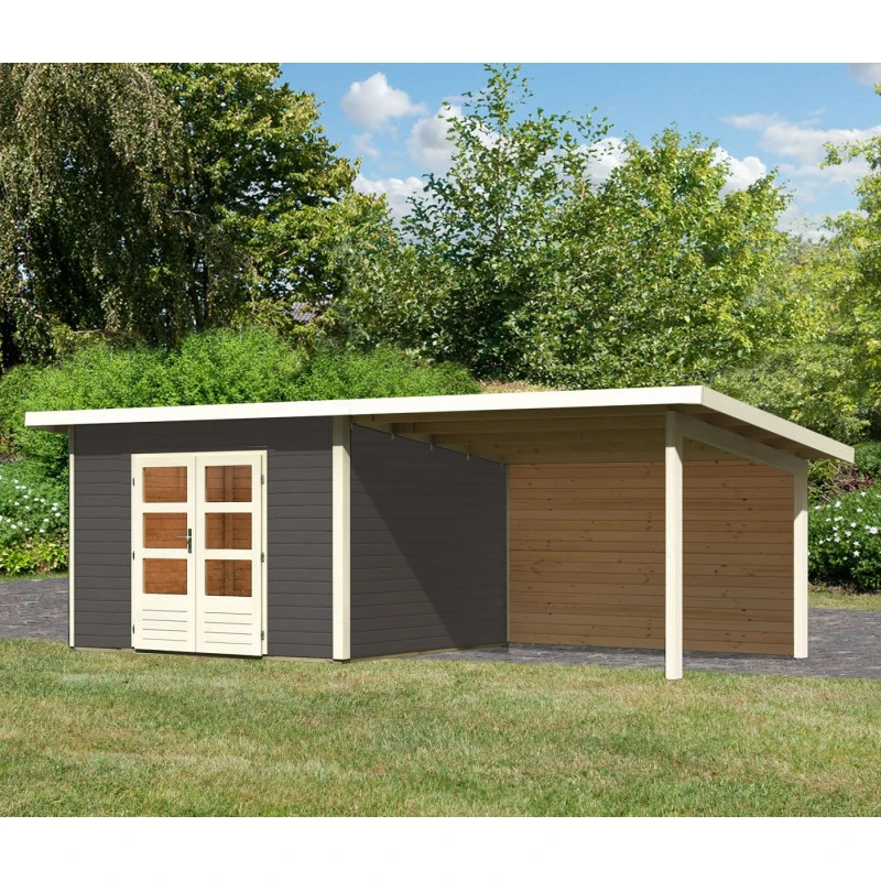Abri Toit Plat 9,55m² Bois Massif Gris Terre 40mm Northeim 3 Avec Appentis 330cm Et Paroi Arrière – Karibu 3 Abri Toit Plat 9,55m² Bois Massif Gris Terre 40mm Northeim 3 Avec Appentis 330cm Et Paroi Arrière – Karibu