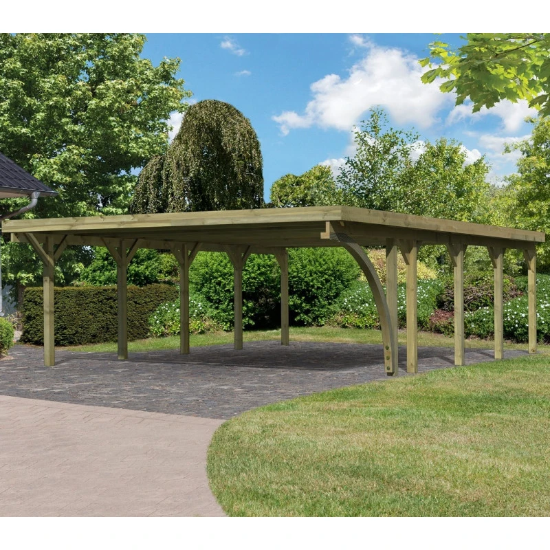 Carport Double En Bois Autoclave 50,9m² Avec Poteau En Arc Et Toit En PVC Gris – KARIBU 3 Carport Double En Bois Autoclave 50,9m² Avec Poteau En Arc Et Toit En PVC Gris – KARIBU