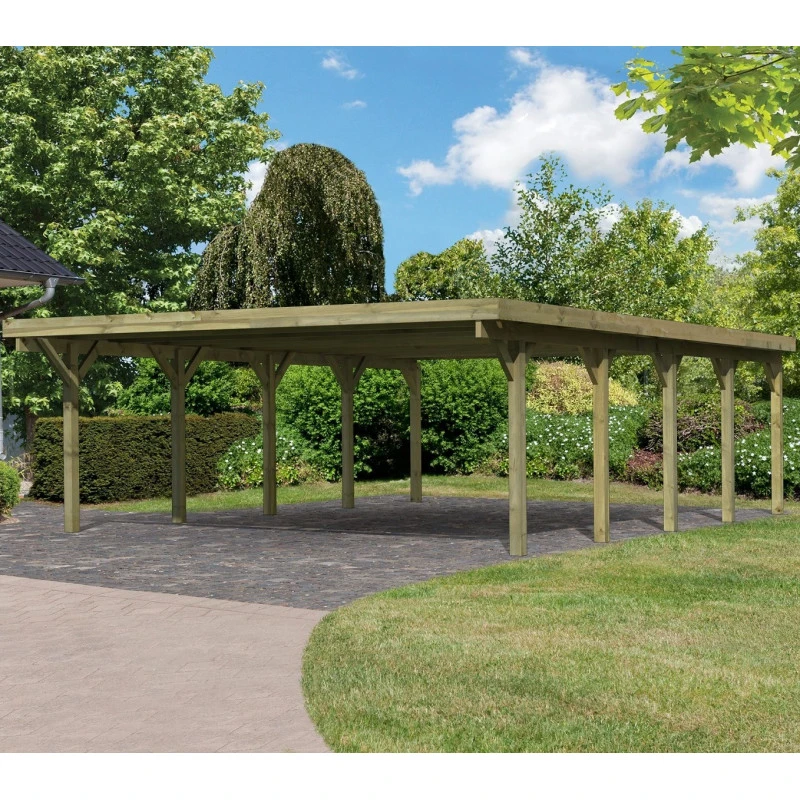 Carport Double En Bois Autoclave 50,9m² Et Toit En Acier – KARIBU 3 Carport Double En Bois Autoclave 50,9m² Et Toit En Acier – KARIBU
