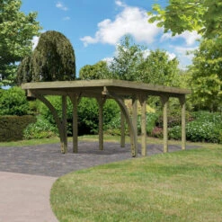 Carport En Bois Autoclave 21m², Toit En PVC Gris Et Deux Poteaux En Arc – KARIBU