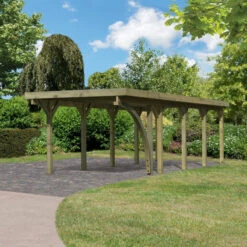 Carport En Bois Autoclave 26,9m² Avec Poteau En Arc Et Toit En Acier – KARIBU