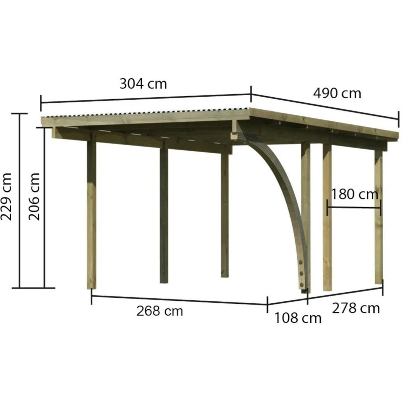 Carport Simple En Bois Autoclave Avec Toit PVC Et 1 Arc D'entrée 14,9m² - 304x490cm - Karibu 4 Carport Simple En Bois Autoclave Avec Toit PVC Et 1 Arc D'entrée 14,9m² - 304x490cm - Karibu – Image 2