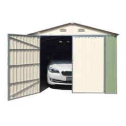 Garage Double Portes Vert Pâle Et Crème 18m² + Kit D'ancrage X-METAL -Jardin Extérieur garage double portes vert pale et creme 18m kit d ancrage x metal 3