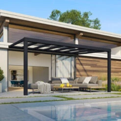 Pergola Adossée Stockholm 350x515cm Aluminium Gris Et Polycarbonate Avec Stores De Toit Rétractables – Palram - Canopia -Jardin Extérieur pergola adossee stockholm 350x515cm aluminium gris et polycarbonate avec stores de toit retractables palram 2