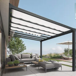 Pergola Adossée Stockholm 350x515cm Aluminium Gris Et Polycarbonate Avec Stores De Toit Rétractables – Palram - Canopia -Jardin Extérieur pergola adossee stockholm 350x515cm aluminium gris et polycarbonate avec stores de toit retractables palram 4