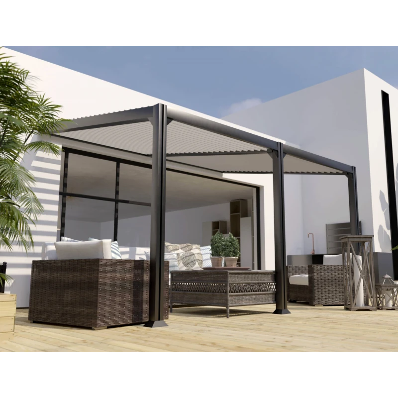 Pergola Adossée Toit Incliné Bioclimatique 300x400cm Lames 13cm - Gris - MELBOURNE - Couleurs Du Monde 3 Pergola Adossée Toit Incliné Bioclimatique 300x400cm Lames 13cm - Gris - MELBOURNE - Couleurs Du Monde