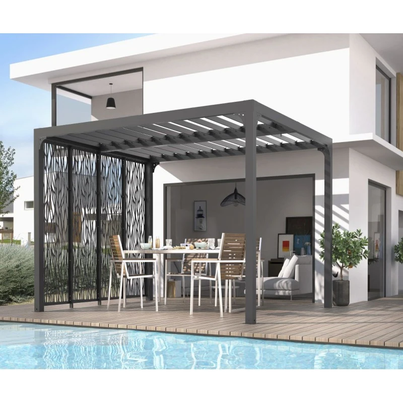 Pergola Bioclimatique Aluminium Anthracite 10,80m² Toit Avec Lames Ovales + 4 Panneaux Moucharabieh Gris Pour Côté 3m HABRITA 3 Pergola Bioclimatique Aluminium Anthracite 10,80m² Toit Avec Lames Ovales + 4 Panneaux Moucharabieh Gris Pour Côté 3m HABRITA