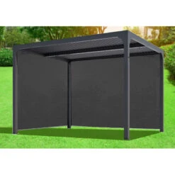 Pergola Bioclimatique Aluminium Anthracite 10,80m² Toit Avec Lames Ovales Aluminium + 2 Rideaux Gris Pour Les Côtés – HABRITA -Jardin Extérieur pergola bioclimatique aluminium anthracite 1080m toit avec lames ovales aluminium 2 rideaux gris pour les cotes habrita 4