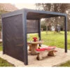 Pergola Bioclimatique Aluminium Anthracite 7,20m² Toit Avec Lames Ovales Aluminium + 2 Rideaux Gris Pour Les Côtés – HABRITA -Jardin Extérieur pergola bioclimatique aluminium anthracite 720m toit avec lames ovales aluminium 2 rideaux gris pour les cotes habrita