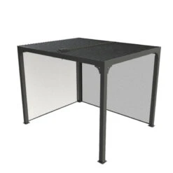 Pergola Bioclimatique Aluminium Anthracite 7,20m² Toit Avec Lames Ovales Aluminium + 2 Rideaux Gris Pour Les Côtés – HABRITA -Jardin Extérieur pergola bioclimatique aluminium anthracite 720m toit avec lames ovales aluminium 2 rideaux gris pour les cotes habrita 4